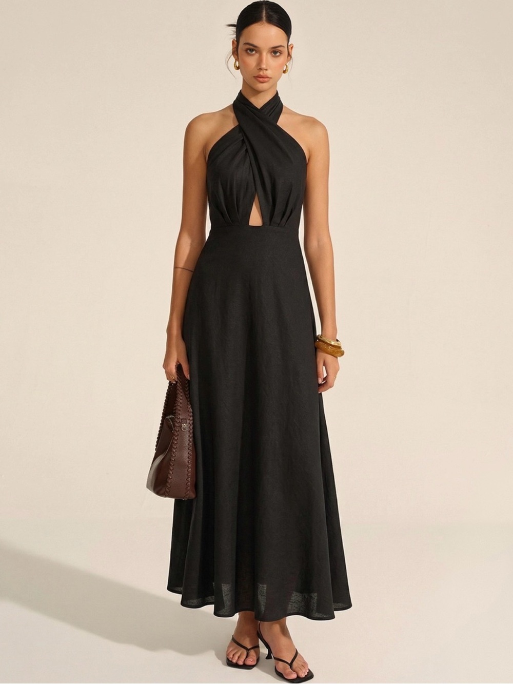 Commense Black Cotton Linen Halter Neck Cut-Out Maxi Dress
